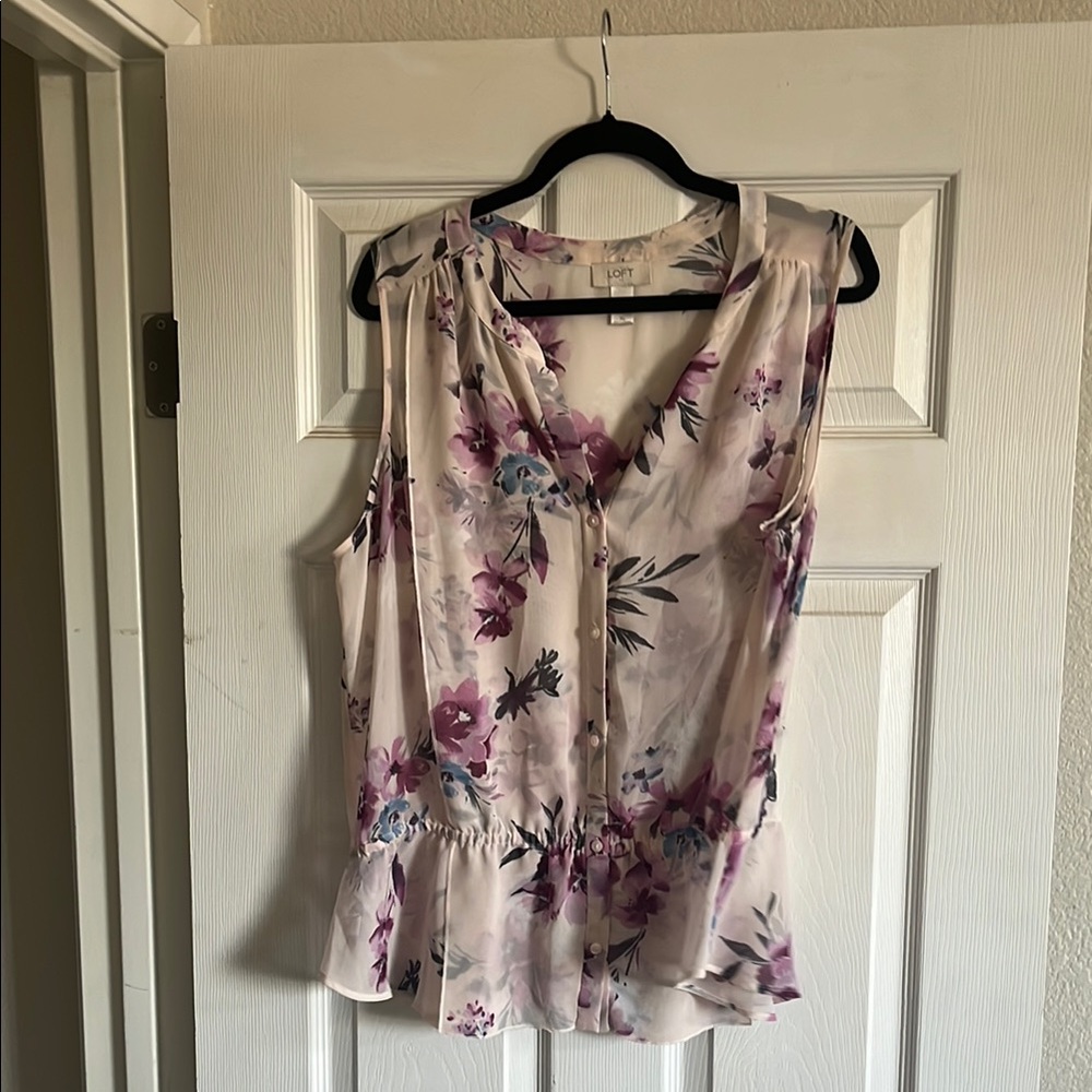 LOFT Purple and Pink Ruffled Sleeveless Blouse